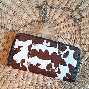Cowhide Print Crossbody Wallet — Brown & White